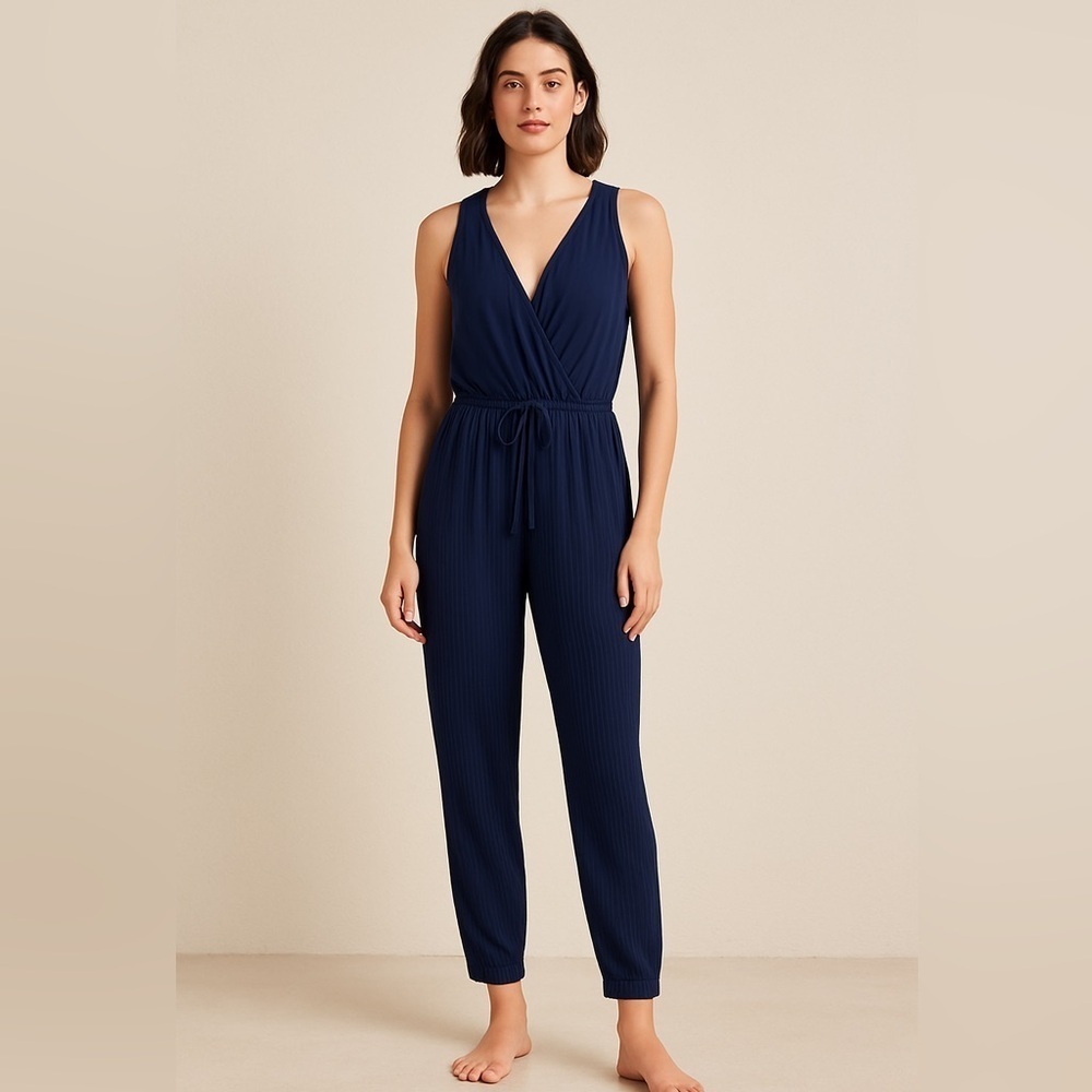 Anthropologie Saturday Sunday Navy Ribbed Jumpsuit XS Drawstring Waist